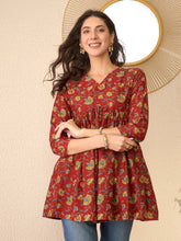 Women Red Cotton Blend Floral Printed Regular Peplum Top-VT1367
